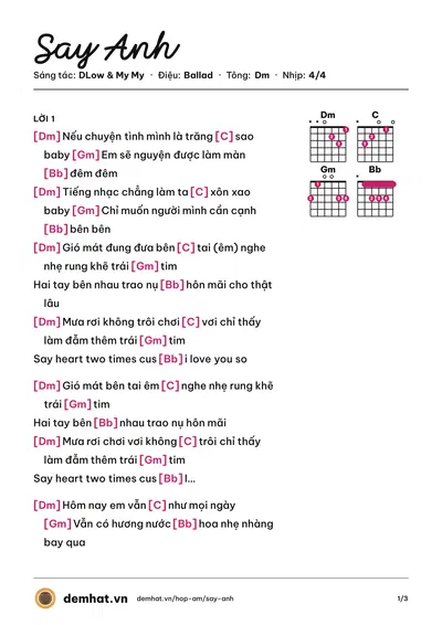 Hợp âm Say Anh (My My) – bản nhạc PDF trang 1, tông Dm