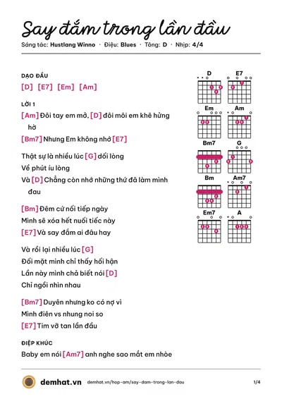 Hợp âm Say đắm trong lần đầu (Winno) – bản nhạc PDF trang 1, tông D