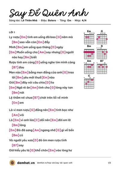 Hợp âm Say Để Quên Anh (Thúy Hương) – bản nhạc PDF trang 1, tông Em