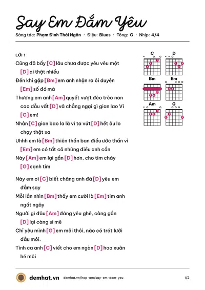 Hợp âm Say Em Đắm Yêu (Phạm Đình Thái Ngân) – bản nhạc PDF trang 1, tông G
