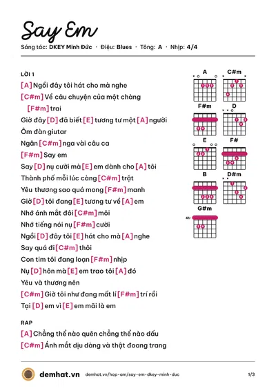 Hợp âm Say Em (DKEY Minh Đức) – bản nhạc PDF trang 1, tông A