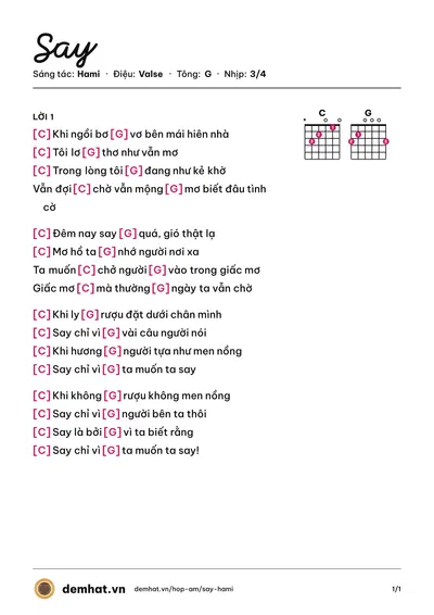Hợp âm Say (Hami) – bản nhạc PDF trang 1, tông G