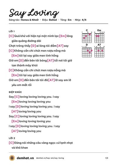 Hợp âm Say Loving (Homes) – bản nhạc PDF trang 1, tông Em