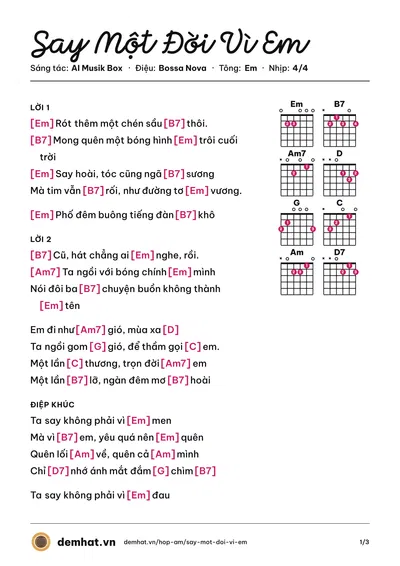 Hợp âm Say Một Đời Vì Em (AI Musik Box) – bản nhạc PDF trang 1, tông Em