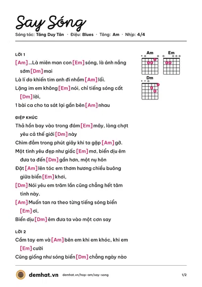 Hợp âm Say Sóng (Tăng Duy Tân) – bản nhạc PDF trang 1, tông Am