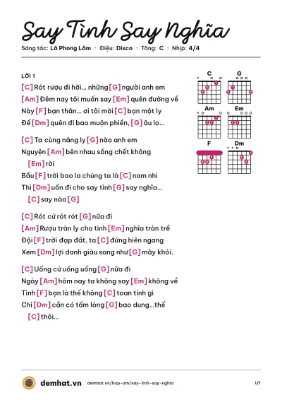 Hợp âm Say Tình Say Nghĩa (Lã Phong Lâm) – bản nhạc PDF trang 1, tông C