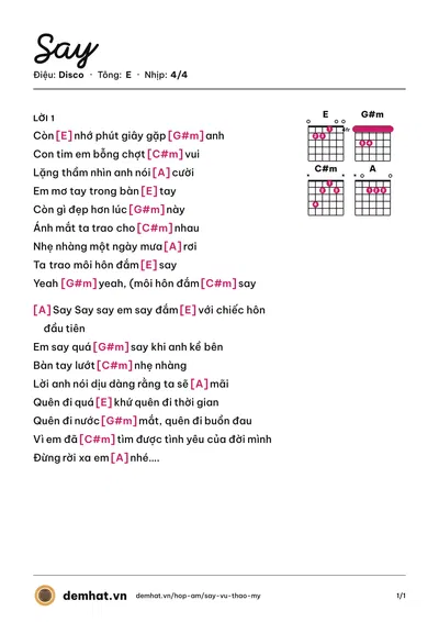 Hợp âm Say (Vũ Thảo My) – bản nhạc PDF trang 1, tông E