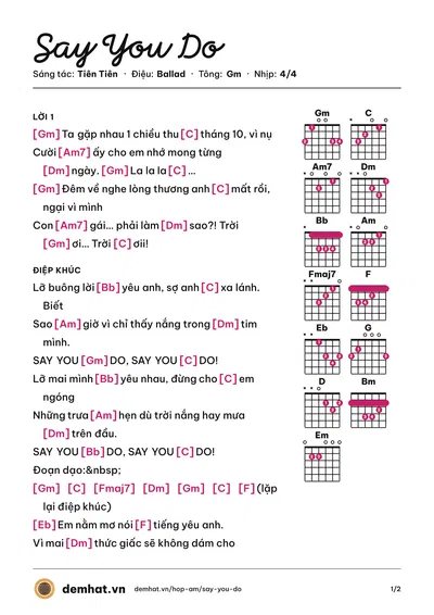 Hợp âm Say You Do (Tiên Tiên) – bản nhạc PDF trang 1, tông Gm