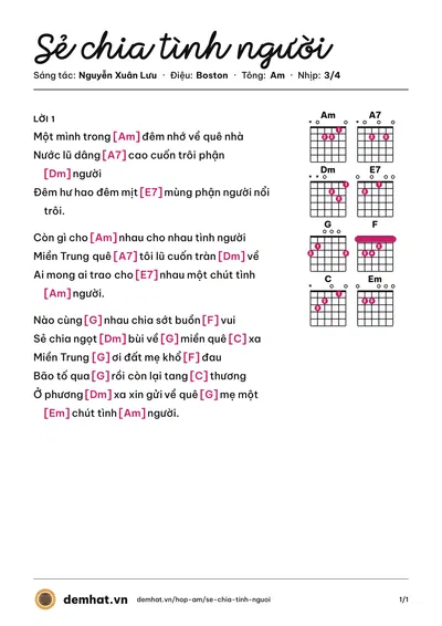 Hợp âm Sẻ chia tình người (Hồng Gấm) – bản nhạc PDF trang 1, tông Am
