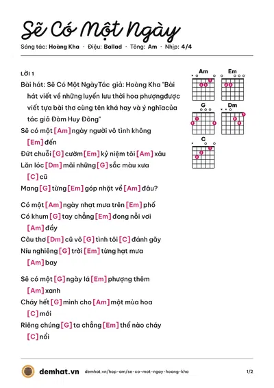 Hợp âm Sẽ Có Một Ngày (Hoàng Kha) – bản nhạc PDF trang 1, tông Am