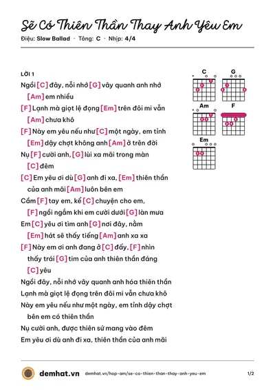 Hợp âm Sẽ Có Thiên Thần Thay Anh Yêu Em (SMS Band) – bản nhạc PDF trang 1, tông C
