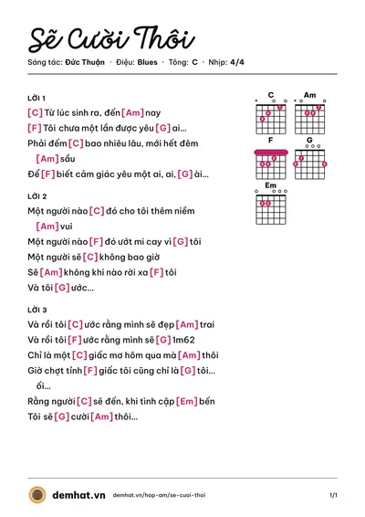 Hợp âm Sẽ Cười Thôi (Đức Thuận) – bản nhạc PDF trang 1, tông C