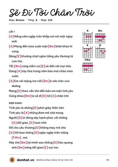 Hợp âm Sẽ Đi Tới Chân Trời (khắc hiếu -thu hường) – bản nhạc PDF trang 1, tông A