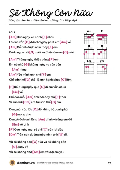 Hợp âm Sẽ Không Còn Nữa (Tuấn Hưng) – bản nhạc PDF trang 1, tông C