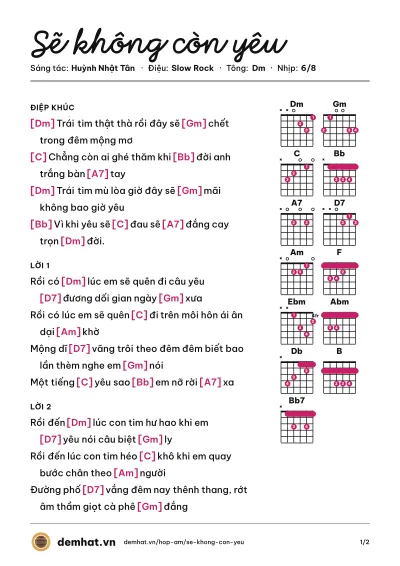 Hợp âm Sẽ không còn yêu (Nguyên Khang) – bản nhạc PDF trang 1, tông Dm