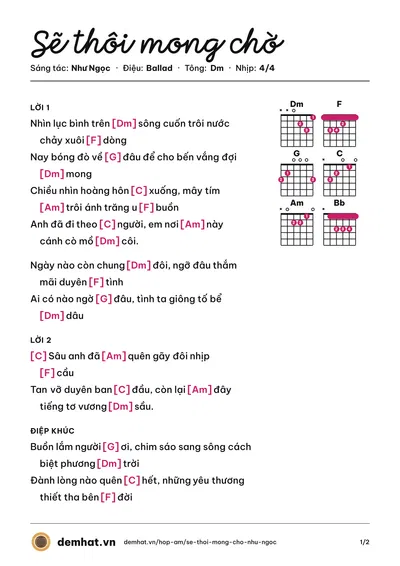 Hợp âm Sẽ thôi mong chờ (Như Ngọc) – bản nhạc PDF trang 1, tông Dm