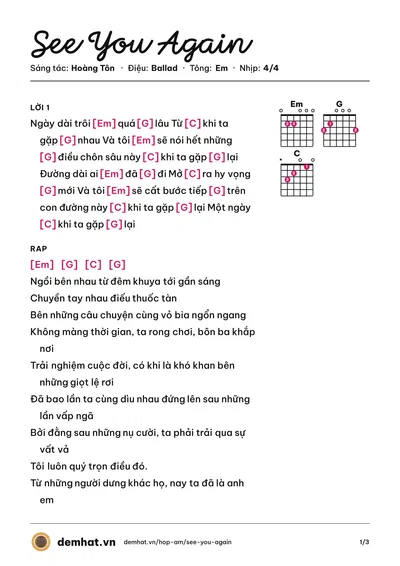 Hợp âm See You Again (Hoàng Tôn) – bản nhạc PDF trang 1, tông Em