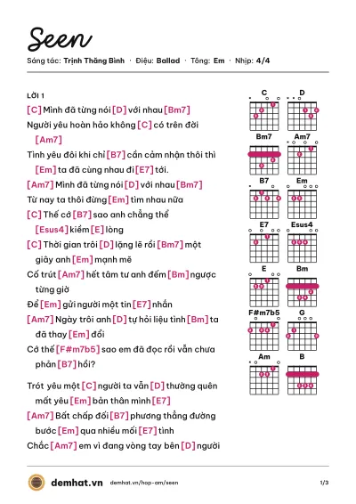 Hợp âm Seen (Trịnh Thăng Bình) – bản nhạc PDF trang 1, tông Em