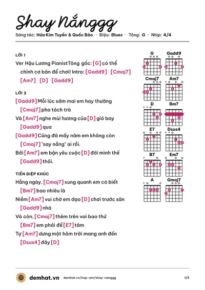 Hợp âm Shay Nắnggg (AMEE) – bản nhạc PDF trang 1, tông G