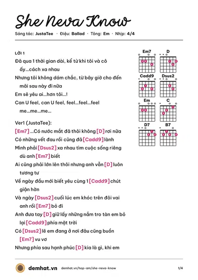 Hợp âm She Neva Know (JustaTee) – bản nhạc PDF trang 1, tông Em