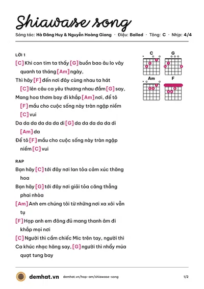 Hợp âm Shiawase song (Shiawase Kanto) – bản nhạc PDF trang 1, tông C