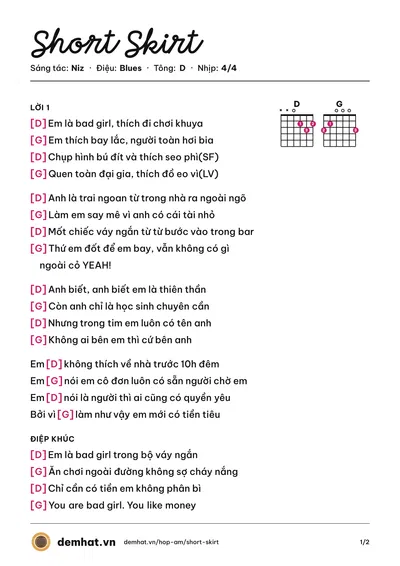 Hợp âm Short Skirt (Niz) – bản nhạc PDF trang 1, tông D
