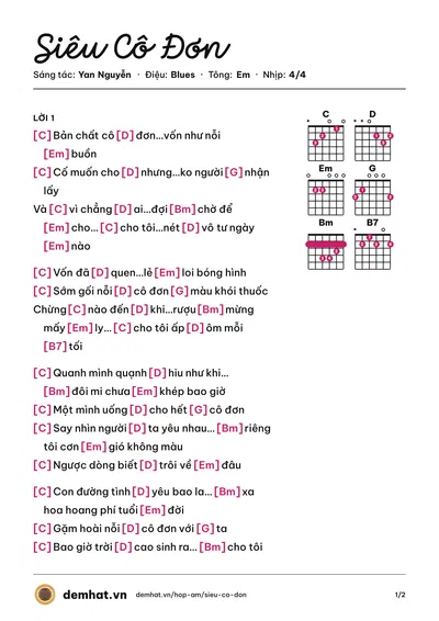 Hợp âm Siêu Cô Đơn (Yan Nguyễn) – bản nhạc PDF trang 1, tông Em