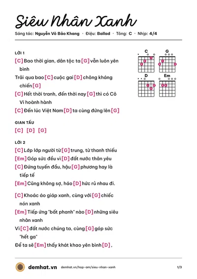 Hợp âm Siêu Nhân Xanh (Nguyễn Võ Bảo Khang) – bản nhạc PDF trang 1, tông C