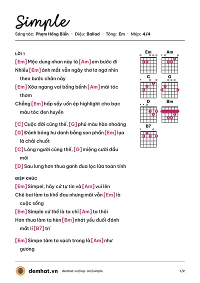 Hợp âm Simple (Phạm Hồng Biển) – bản nhạc PDF trang 1, tông Em