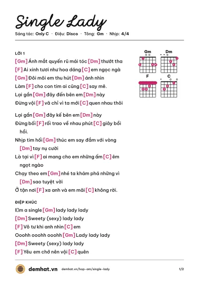 Hợp âm Single Lady (Bảo Thy) – bản nhạc PDF trang 1, tông Gm