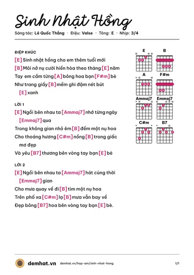 Hợp âm Sinh Nhật Hồng (Quỳnh Giang) – bản nhạc PDF trang 1, tông E