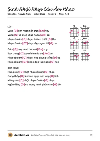 Hợp âm Sinh Nhật Nhịp Cầu Âm Nhạc (Mắt Ngọc) – bản nhạc PDF trang 1, tông G