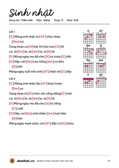 Hợp âm Sinh nhật (Nguyễn Dũng) – bản nhạc PDF trang 1, tông C