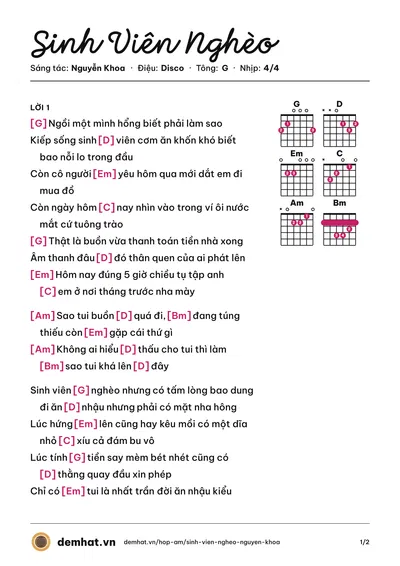 Hợp âm Sinh Viên Nghèo (Hồng Thanh) – bản nhạc PDF trang 1, tông G