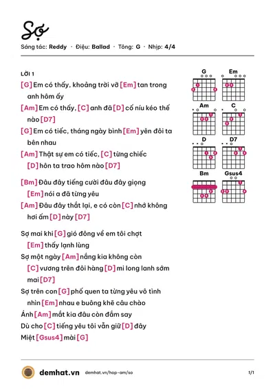 Hợp âm Sợ (Reddy) – bản nhạc PDF trang 1, tông G