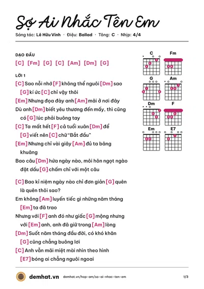 Hợp âm Sợ Ai Nhắc Tên Em (Lee Vinh) – bản nhạc PDF trang 1, tông C