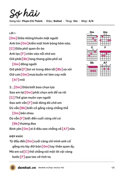 Hợp âm Sợ hãi (Phạm Chí Thành) – bản nhạc PDF trang 1, tông Dm