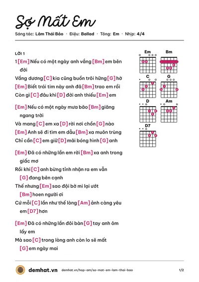 Hợp âm Sợ Mất Em (Lâm Thái Bảo) – bản nhạc PDF trang 1, tông Em