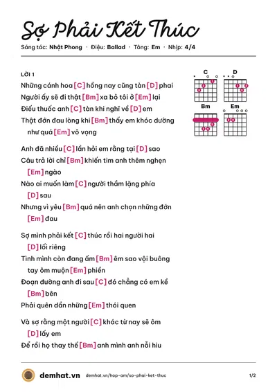 Hợp âm Sợ Phải Kết Thúc (Nhật Phong) – bản nhạc PDF trang 1, tông Em