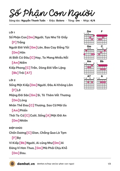 Hợp âm Số Phận Con Người (Khang Lê) – bản nhạc PDF trang 1, tông Dm