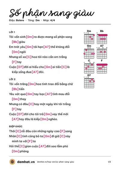 Hợp âm Số phận sang giàu (TRẦN NHẬT QUANG) – bản nhạc PDF trang 1, tông Dm