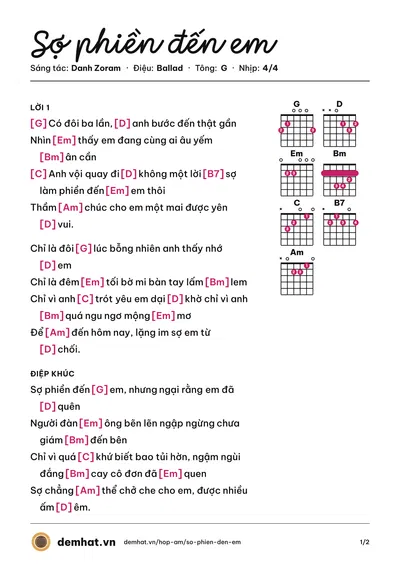 Hợp âm Sợ phiền đến em (Danh Zoram) – bản nhạc PDF trang 1, tông G