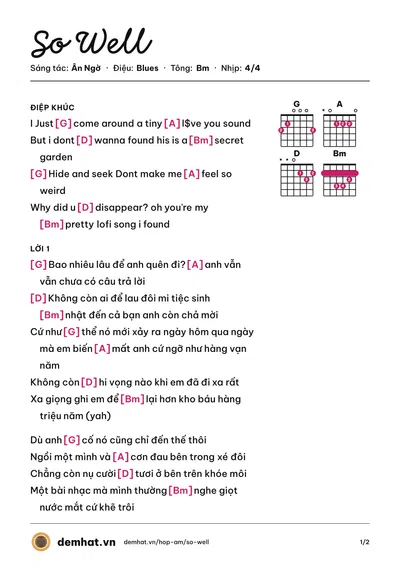 Hợp âm So Well (Ân Ngờ) – bản nhạc PDF trang 1, tông Bm
