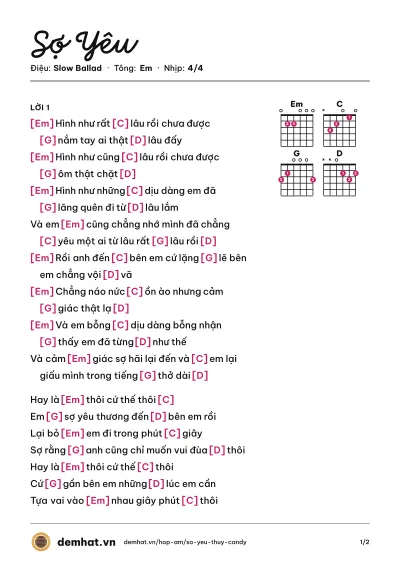 Hợp âm Sợ Yêu (Thùy Candy) – bản nhạc PDF trang 1, tông Em