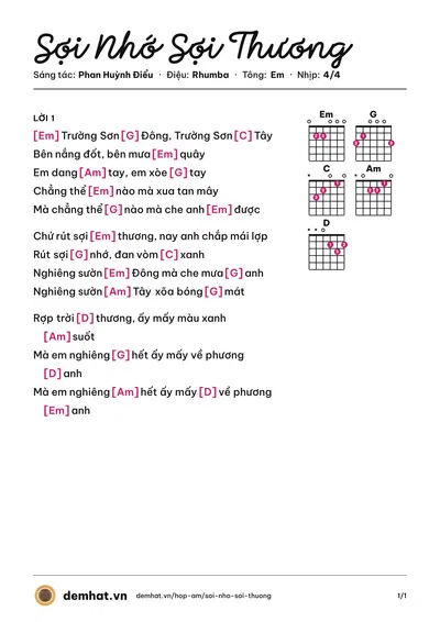 Hợp âm Sợi Nhớ Sợi Thương (Thu Hiền) – bản nhạc PDF trang 1, tông Em