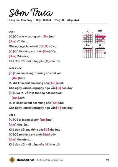 Hợp âm Sớm Trưa (Pink Frog) – bản nhạc PDF trang 1, tông C