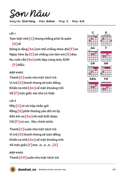 Hợp âm Son Nâu (Việt Phương Thoa) – bản nhạc PDF trang 1, tông C