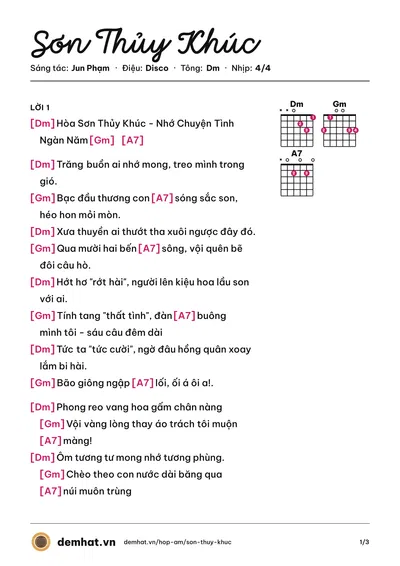 Hợp âm Sơn Thủy Khúc (Jun Phạm) – bản nhạc PDF trang 1, tông Dm