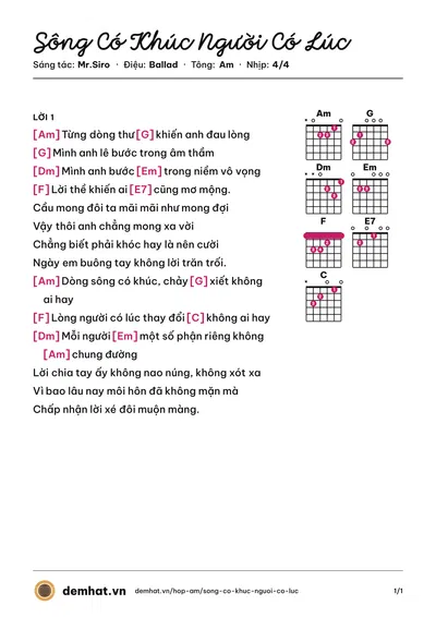 Hợp âm Sông Có Khúc Người Có Lúc (Đinh Ứng Phi Trường) – bản nhạc PDF trang 1, tông Am