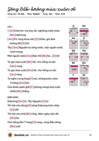 Hợp âm Sông Đắk-krông mùa xuân về (Trọng Tấn) – bản nhạc PDF trang 1, tông Gm